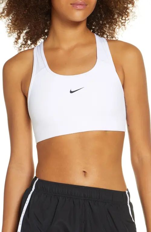 Nike Swoosh Dri-FIT Racerback Sports Bra in White/Black at Nordstrom, Size X-Large | Nordstrom