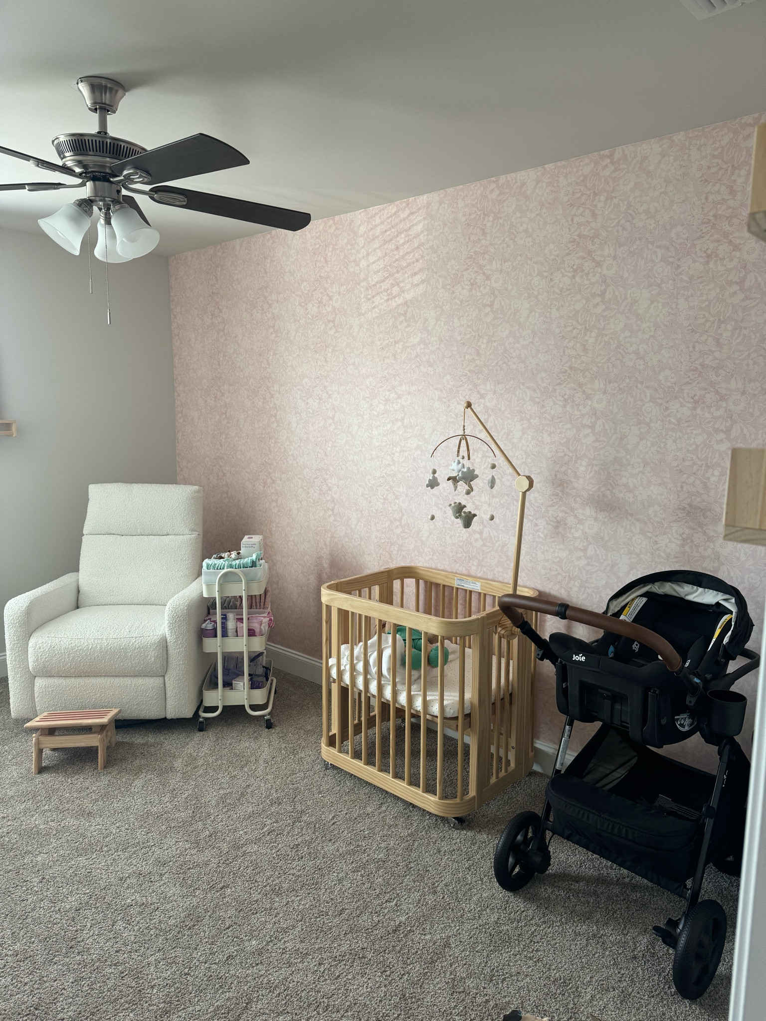 Nursery Furniture - glider chair, crib, mobile, stroller