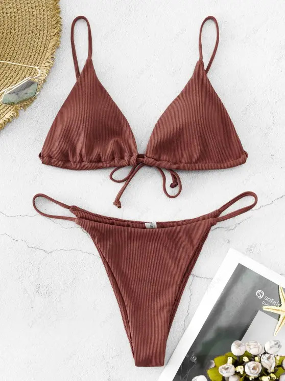 ZAFUL Ribbed Cami String Bikini Swimsuit   CHERRY RED COFFEE | ZAFUL (Global)
