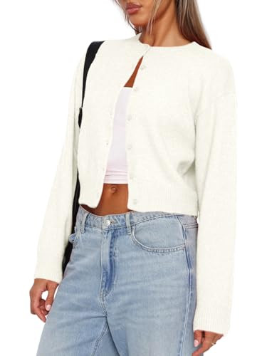 Balimtoy Cropped Cardigan for Women Trendy 2026 Long Sleeve Crew Neck Button Up Sweater Cute Y2k Streetwear White XL | Amazon (US)