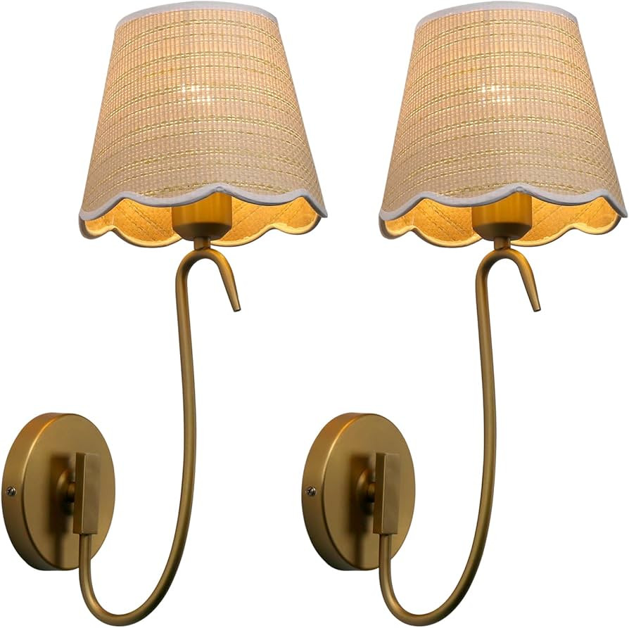 Swan Neck Vintage Brass Sconces Wall Decor Set of 2 Rattan Shade | Amazon (US)