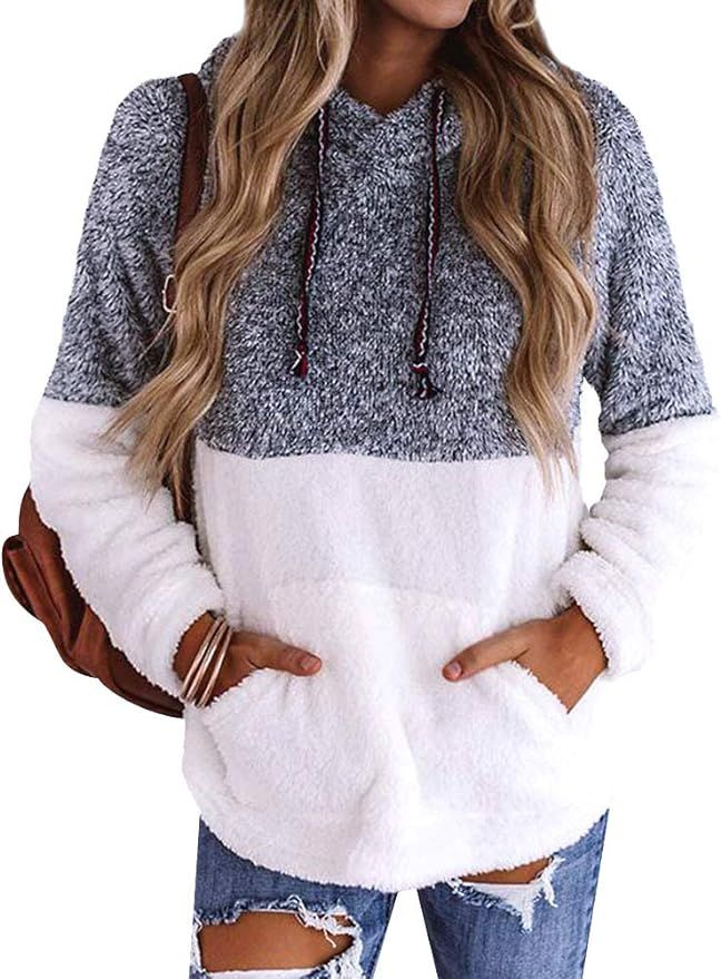 MYMORE Women's Color Block Fuzzy Fleece Pullover Drawstring Hoodie Fall Casual Sherpa Sweatshirt ... | Amazon (US)