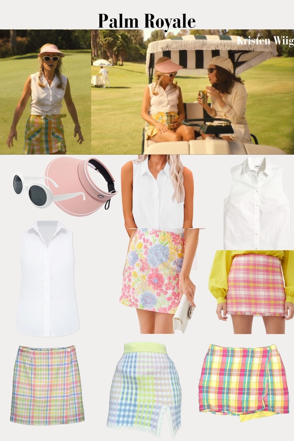 Maxine Simmons Outfit 3 Episode 5 - Maxine in a white sleeveless tie-waist top with a plaid skirt, white cat eye sunglasses, and a pink sun visor.