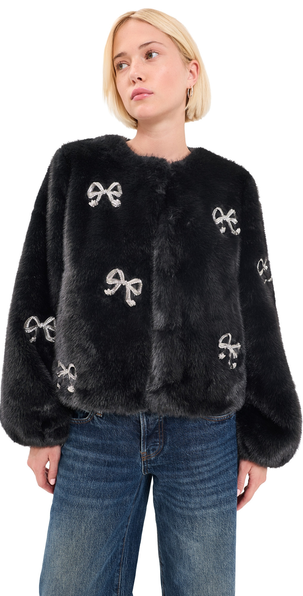 Cinq à Sept Rhinestone Bow Faux Mink Benson Coat Black L | Shopbop