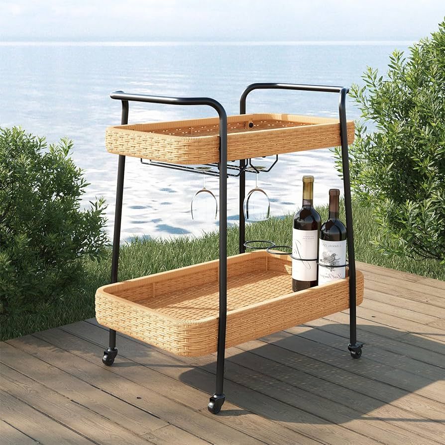 Grand patio Outdoor & Indoor PE Wicker Steel 2-Tier Rolling Bar Beverage Cart, Outdoor Serving Ca... | Amazon (US)