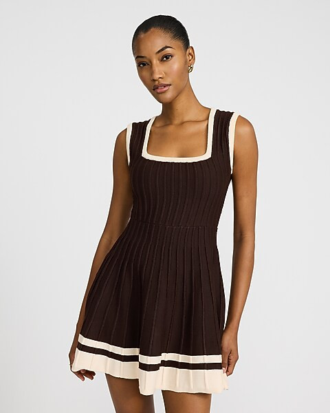 Ribbed Tipped Square Neck Sleeveless Mini Sweater Dress | Express