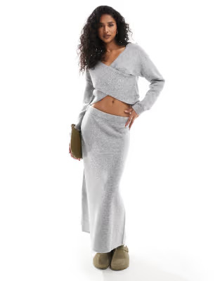 Pieces knit wrap front sweater and maxi skirt set in light gray | ASOS (Global)