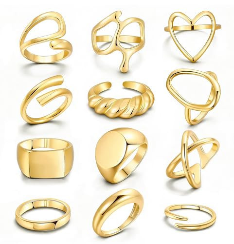 FAXHION 12PCS Gold Stackable Rings Set for Women, 18K Gold Plated Open Stacking Knuckle Ring, Adjustable Chunky Signet Band Statement Ring for Gift | Amazon (US)