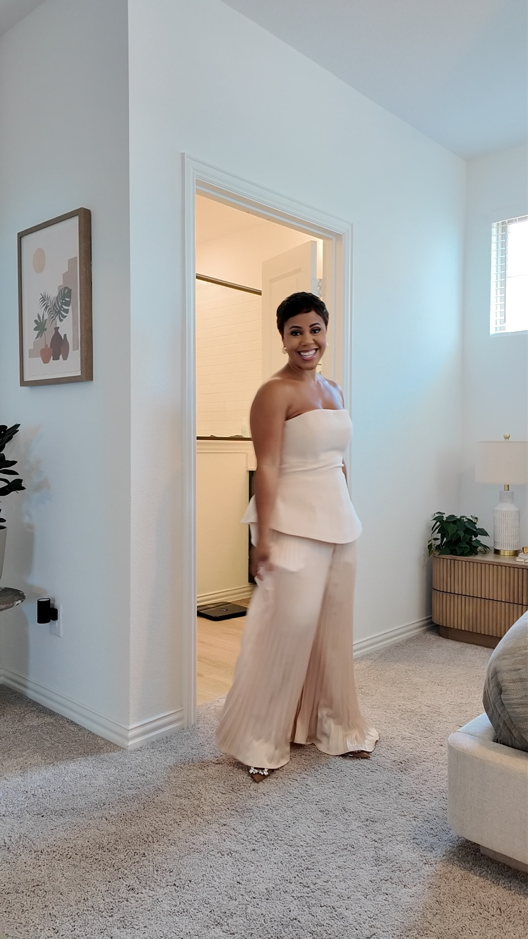Nude bandeau jumpsuit with pleated trouser 

Wearing UK 10
Runs long, this is hemmed 

#LTKPetite #LTKdayinmylife #LTKWorkwear
