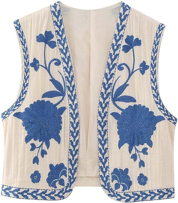 Yimoon Women's Vintage Floral Embroidered Vest Boho Casual Open Front Sleeveless Cardigan Waistco... | Amazon (US)