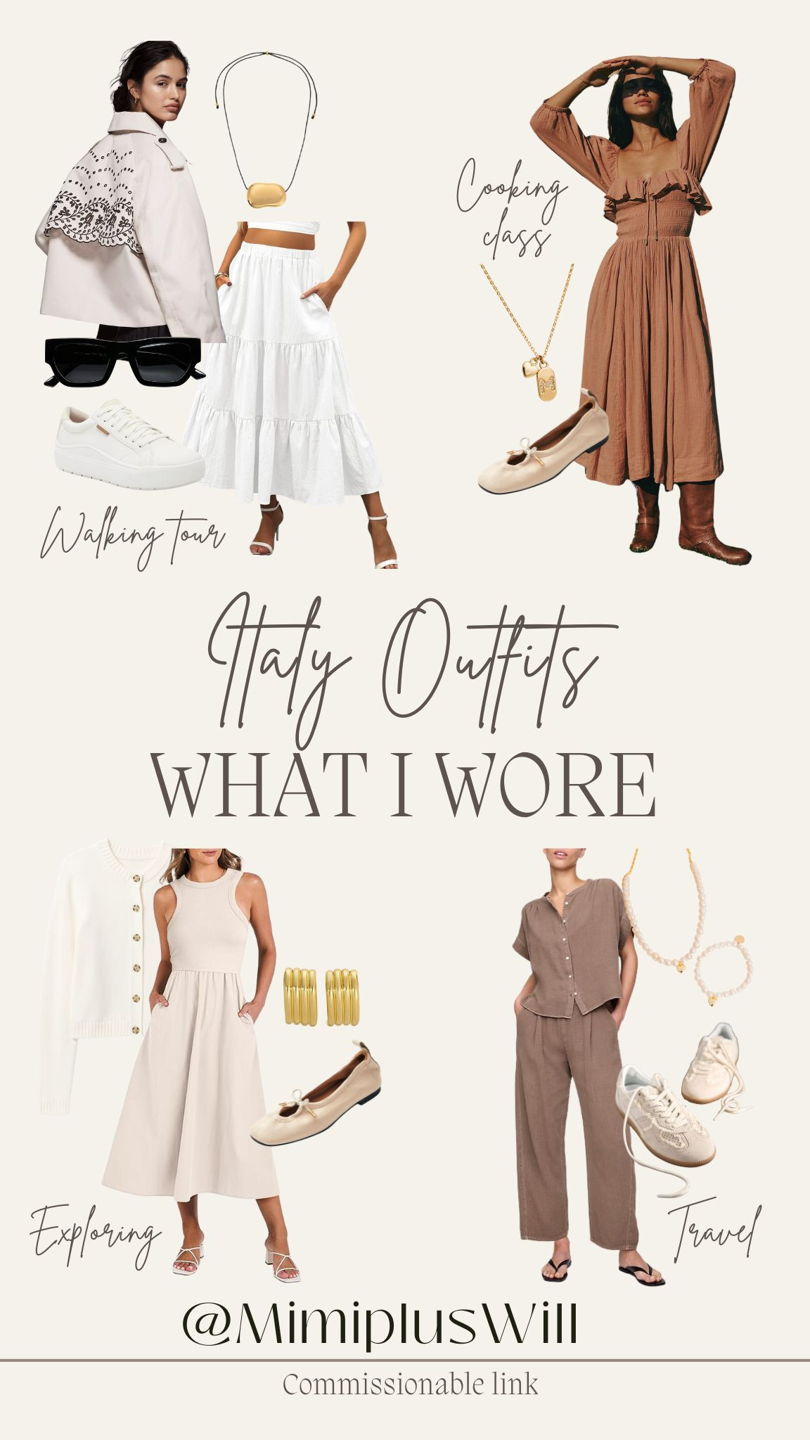  What I wore in Italy! 

 Walking tour outfit:
Jacket size xs 
Top size xs 
Tiered Skirt size small 
Comfortable sneakers with a platform 

Cooking class outfit:
Dress size small - color tuscany Favorite flats- so comfortable and they go with everything!!! 
(Also linked similar dress that is almost identical which I used to own and flats from Amazon!)

Exploring outfit: 
Dress size small 
Comfortable flats 
Cardigan size small petite 

Travel outfit:
Top size small petite 
Bottoms size small petite (not much stretch!)
Cute sneaker! (Also linked a similar pair from Amazon!) 

Linked my jewelry from Taudrey! use code: Mimi15

Petite fashion, spring outfits, vacation outfit, European vacation capsule 

#LTKPetite #LTKTravel #LTKSeasonal