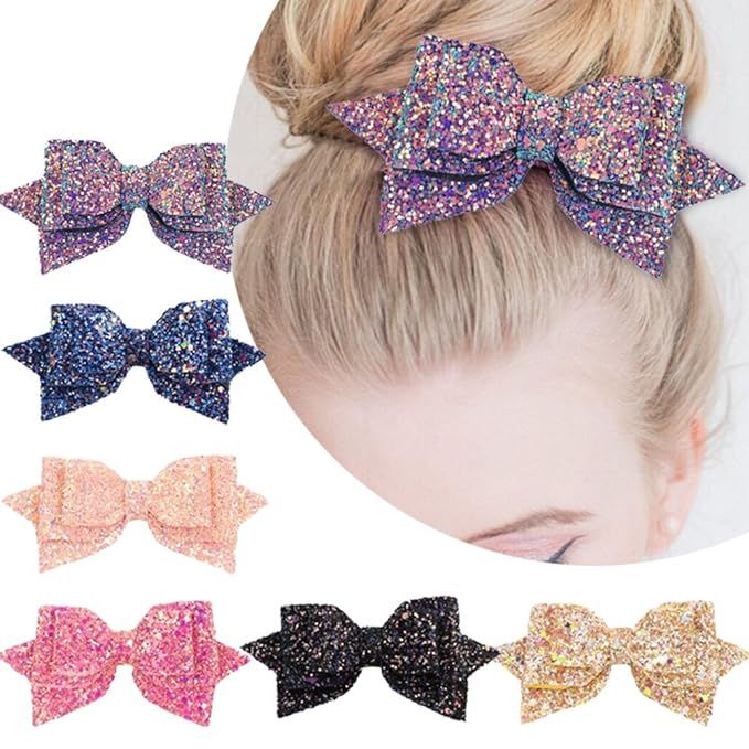 5 Inch Glitter Hair Bows Boutique Hair Clips 6 Pcs Multi Color Glitter Sequins Big Hair Bows for ... | Amazon (US)