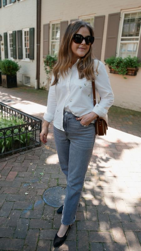 I love gray or black denim all year! I’m planning to wear this pair of straight leg jeans with beige slingbacks too! I’ll link them. My button up is pretty lightweight and has cute flowers embroidered on it. I’m wearing size 4 in my top.

#LTKStyleTip #LTKSeasonal