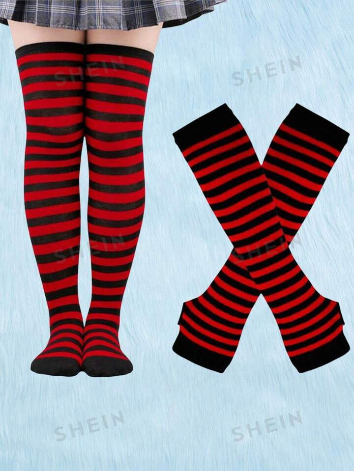 ROMWE Kawaii 1pair Striped Pattern Over The Knee Socks And 1pair Gloves | SHEIN USA | SHEIN