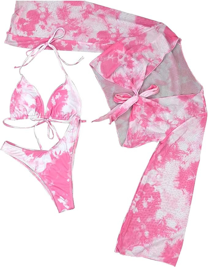 Bikini Swimsuit for Women, Tie Dye 3 Pieces Set, Knot Front Off Shoulder Cover Up with Halter Bik... | Amazon (US)