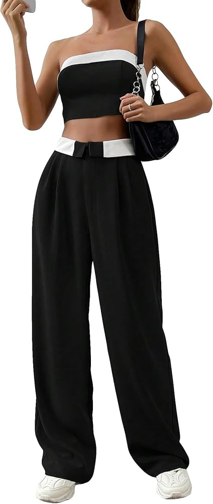GORGLITTER Women's 2 Piece Pant Sets Colorblock Zipper Crop Tube Top with Baggy Wide Leg Pants | Amazon (US)