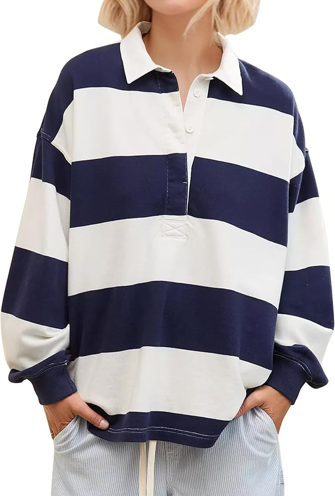 MISSACTIVER Women's Striped Oversized Polo Shirt Button Lapel Collared Polo Sweatshirt Long Sleev... | Amazon (US)