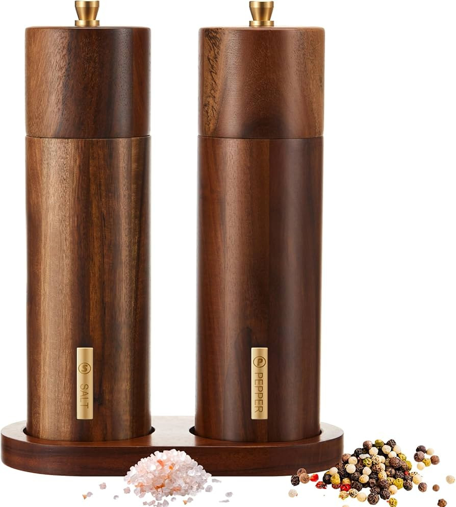 Wooden Salt and Pepper Grinder Set 8 Inch Manual Salt and Pepper Mill with Tray Adjustable Coarse... | Amazon (US)