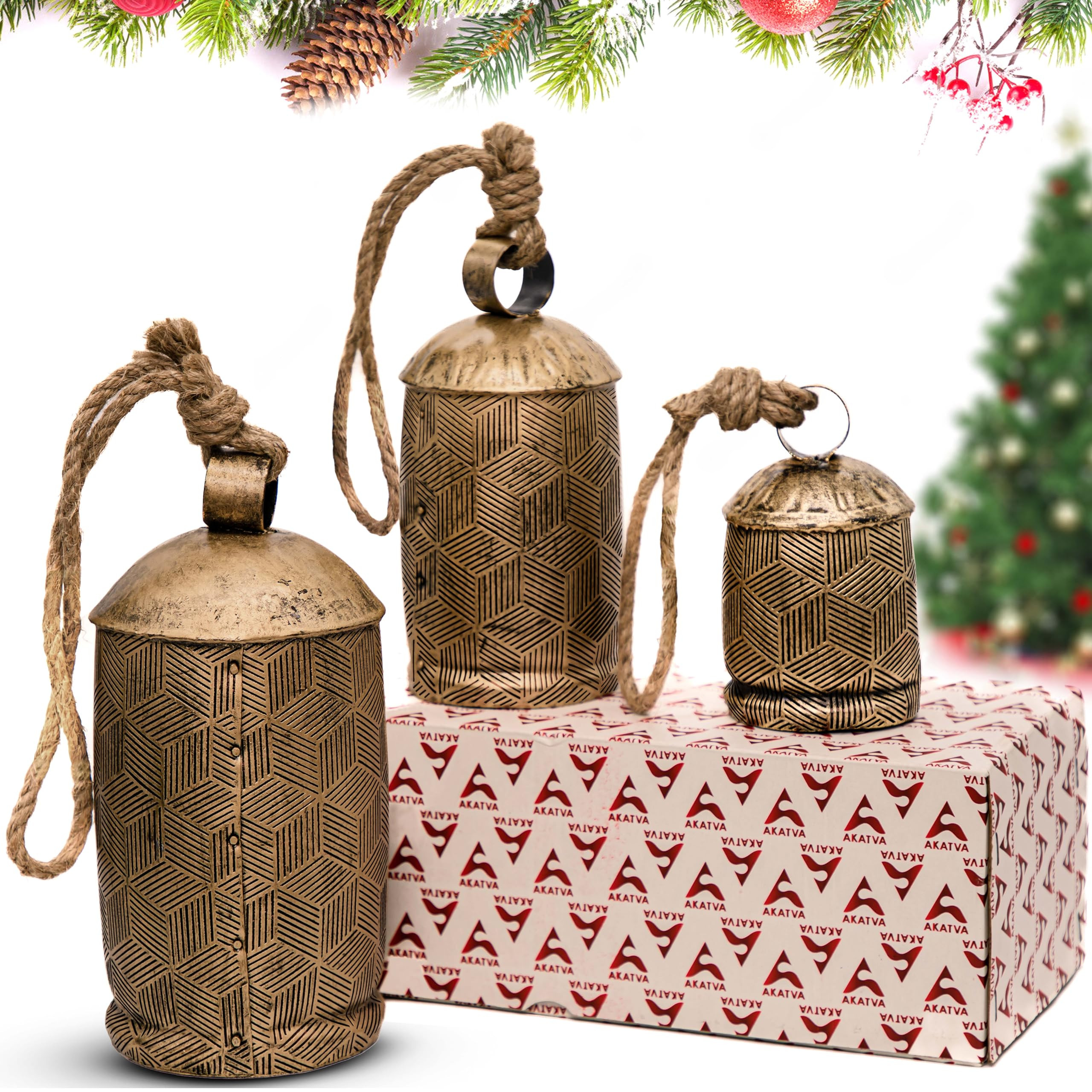 Akatva Large Christmas Bells for Decoration – Cow Bells for Rustic Christmas Decor – Gold Bells for  | Amazon (US)