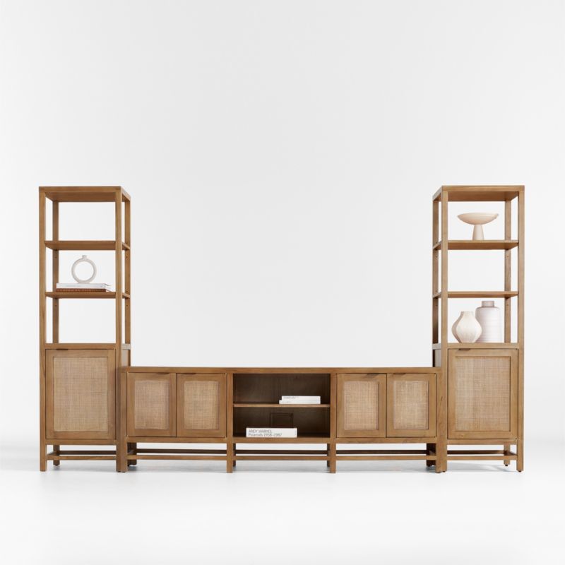 Blake 85" Light Brown Teak and Rattan Storage Media Console with 2 Tall Cabinets | Crate & Barrel | Crate & Barrel