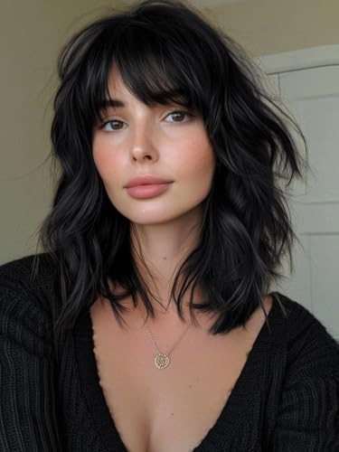 FREEMEIGE Black Short Bob Wavy Wig with Bangs for Women Loose Curly Shoulder Length Synthetic Cosplay Wig Bob for Girl Colorful Costume Wigs | Amazon (US)