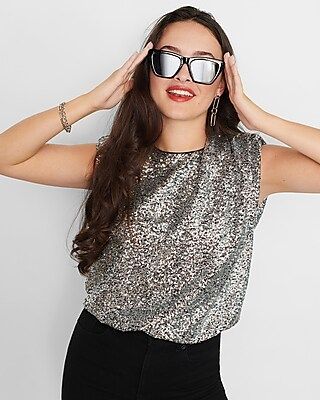 Sequin Ruched Strong Shoulder Top | Express