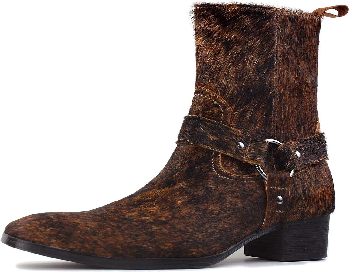 OSSTONE Men Chelsea Ankle Boots Leather Pony Hair Chukka Boots with Side Zipper Heel Dress Boots ... | Amazon (US)