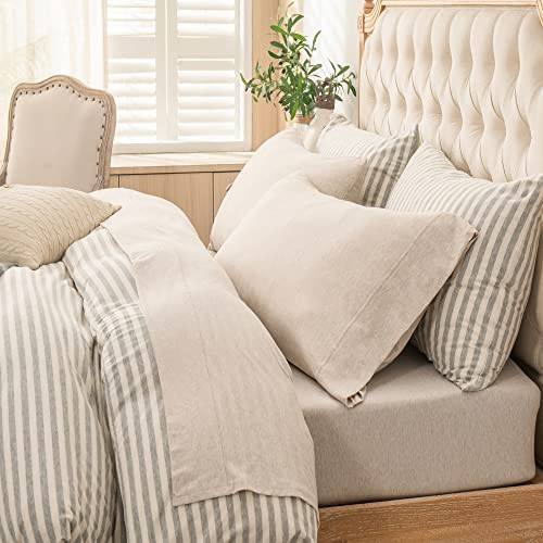 PURE ERA Jersey Knit 4pc Bed Sheet Set 100% T-Shirt Heather Cotton Super Soft Comfy Breathable Fits Mattress Up to 20" Extra Deep Pocket (Heather Beige, King) | Amazon (US)