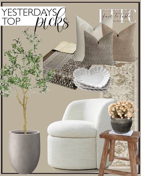 Yesterday’s Top Picks. Follow @farmtotablecreations on Instagram for more inspiration.

Vintage Distressed Rug - Threshold. Weathered Handcrafted Terracotta Vases. Serene Pillow Cover Set Hackner Home. Vintage Bench Wood Stool Square Entryway Bench Bathroom Bench Bathtub Stool Weathered Old Antique Bench Stool Bedroom Bench Stool. Heirloom Scalloped Heart Appetizer Plates. Vintage Vase Pot Grey Black Old Clay Pot Antique Pottery Black Vase. 3 Bunches Khaki Cream Gypsophila Filler, baby's breath filler - Wreath Filler, Crown Filler, Arrangement Filler. Nafresh 7’ Tall Faux Olive Tree. CHITA Swivel Barrel Chair, Comfy Boucle Accent Chair for Living Room, Cream. Indoor Decorative Pot with Drainage Hole and Rubber Plug, Modern Round Style for Home and Garden. Best Selling Dark Brown Bedding. 


#LTKhome #LTKsalealert #LTKfindsunder50