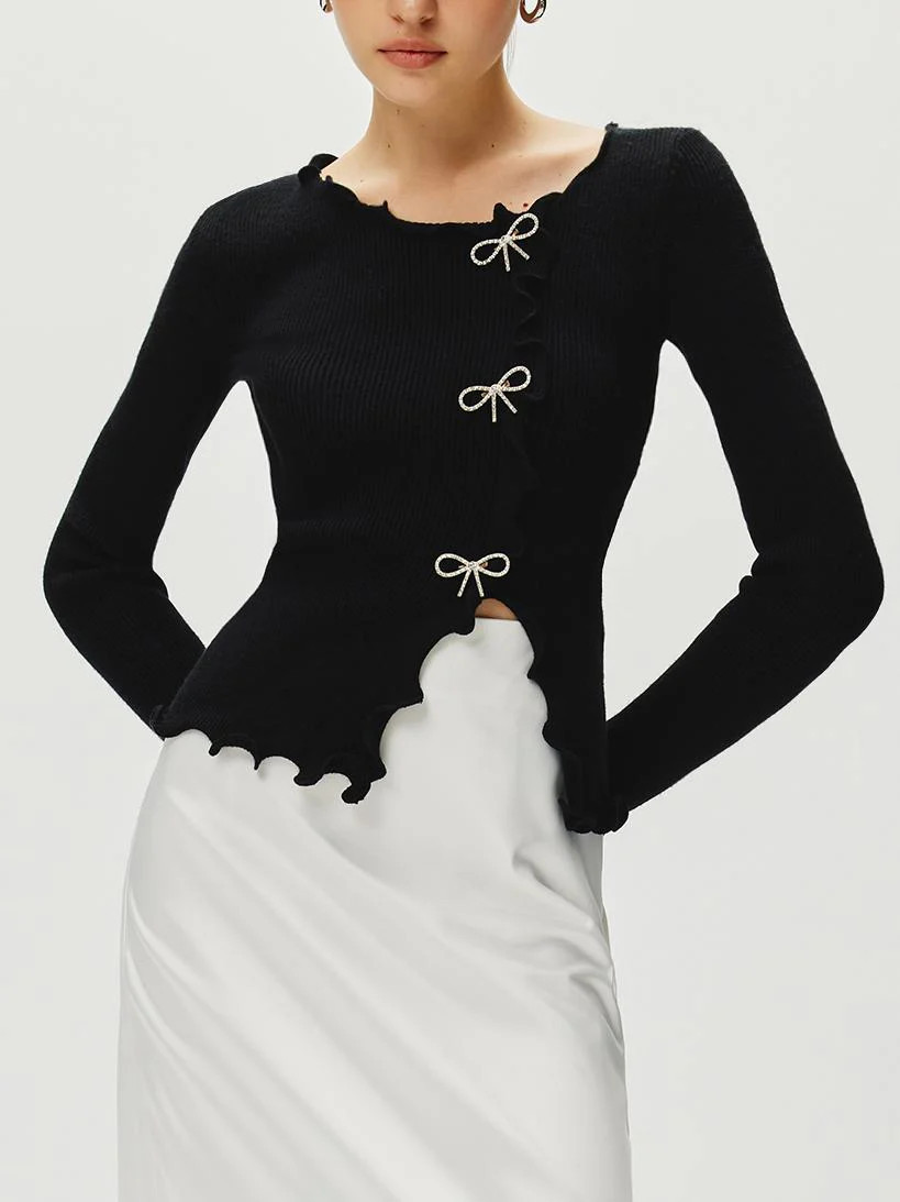 Rhinestone Bow Lettuce Trim Sweater | Commense