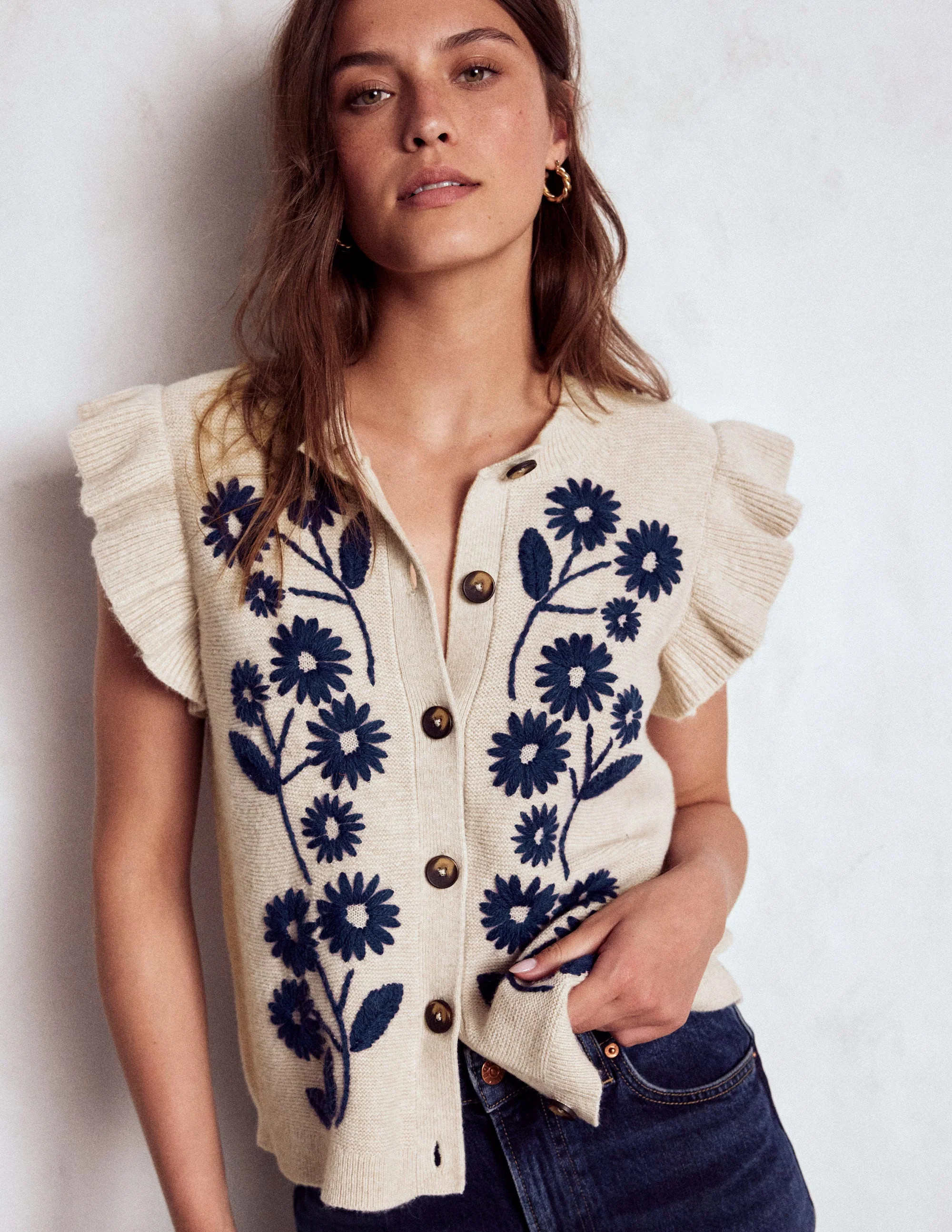 Frill Detail Waistcoat-Oatmeal Melange | Boden (US)