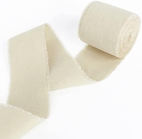 Beige Cotton Linen Fabrics Ribbon 1.5'' x 5 Yards Handmade Frayed Edges Fringe Ribbons Set for Rusti | Amazon (US)