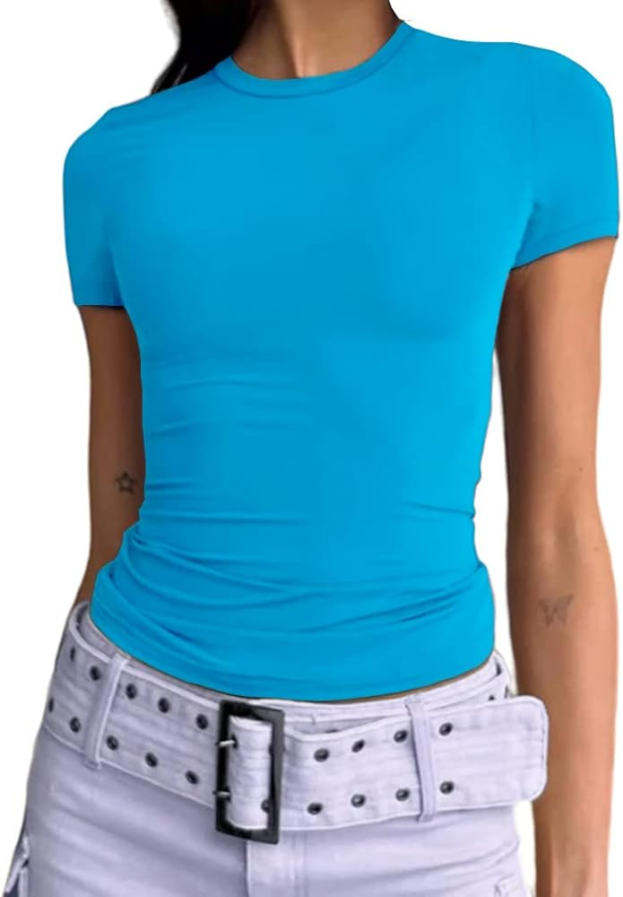 Women's Casual Basic Going Out Crop Tops Slim Fit Short Sleeve Crew Neck Tight T Shirts | Amazon (US)