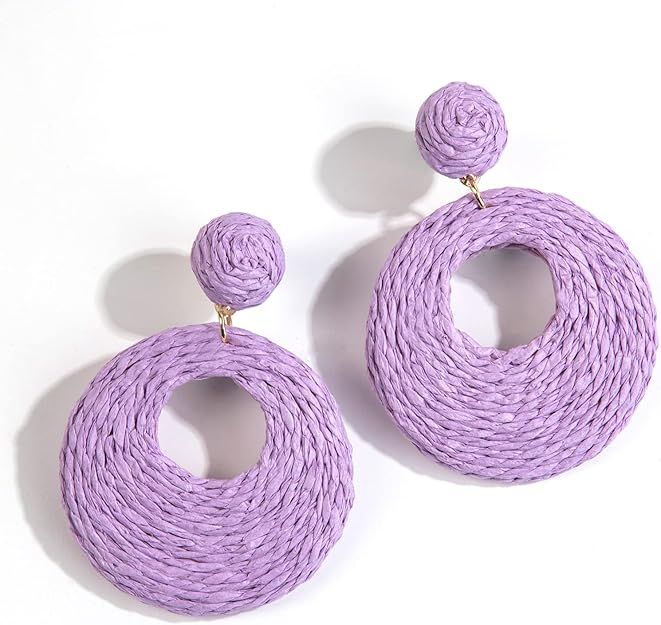 Statement Raffia Circle Earrings, Boho Rattan Earrings for Women - Handwoven Straw Round Earrings | Amazon (US)