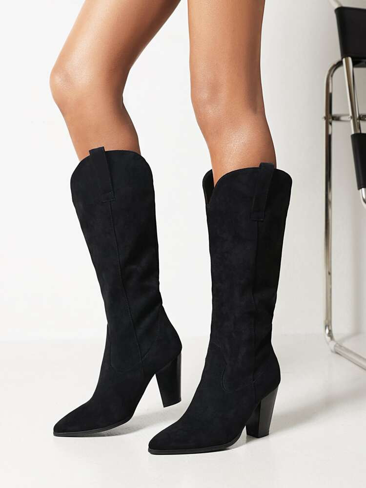 Slip On Chunky Heeled Knee Boots | SHEIN