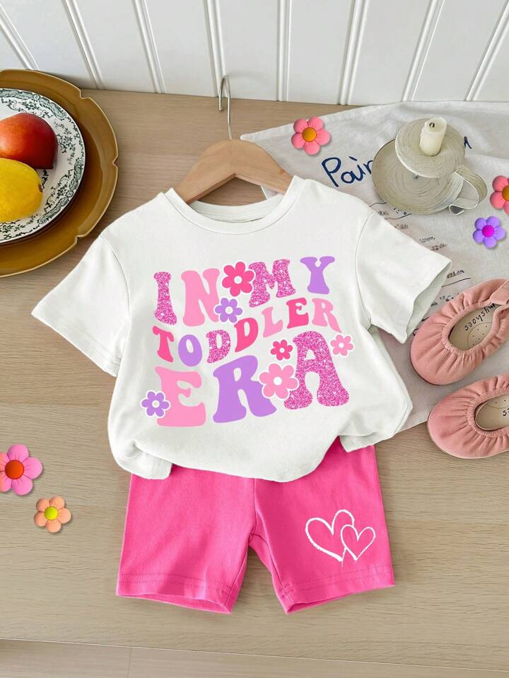 SHEIN In My Toddler Era, 2pcs/Set, Summer, Pink, Baby Girls' Casual And Simple Cute Pink Letter P... | SHEIN