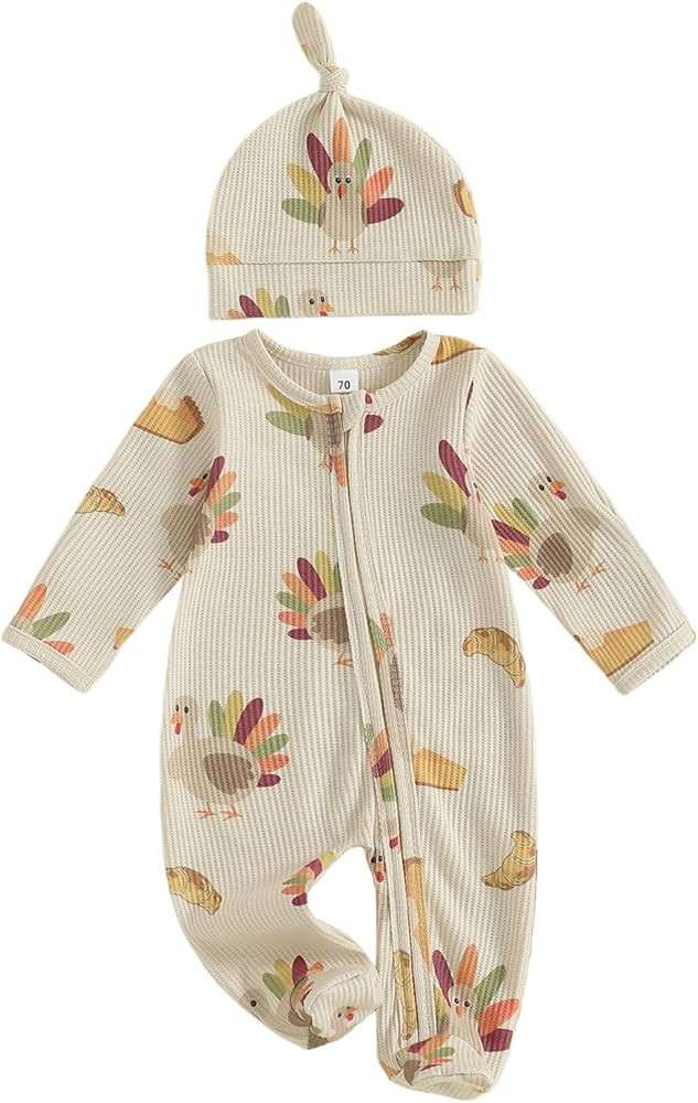 Newborn Baby Girl Boy Thanksgiving Outfit Turkey Print Long Sleeve Footed Romper Zip Jumpsuit Cut... | Amazon (US)