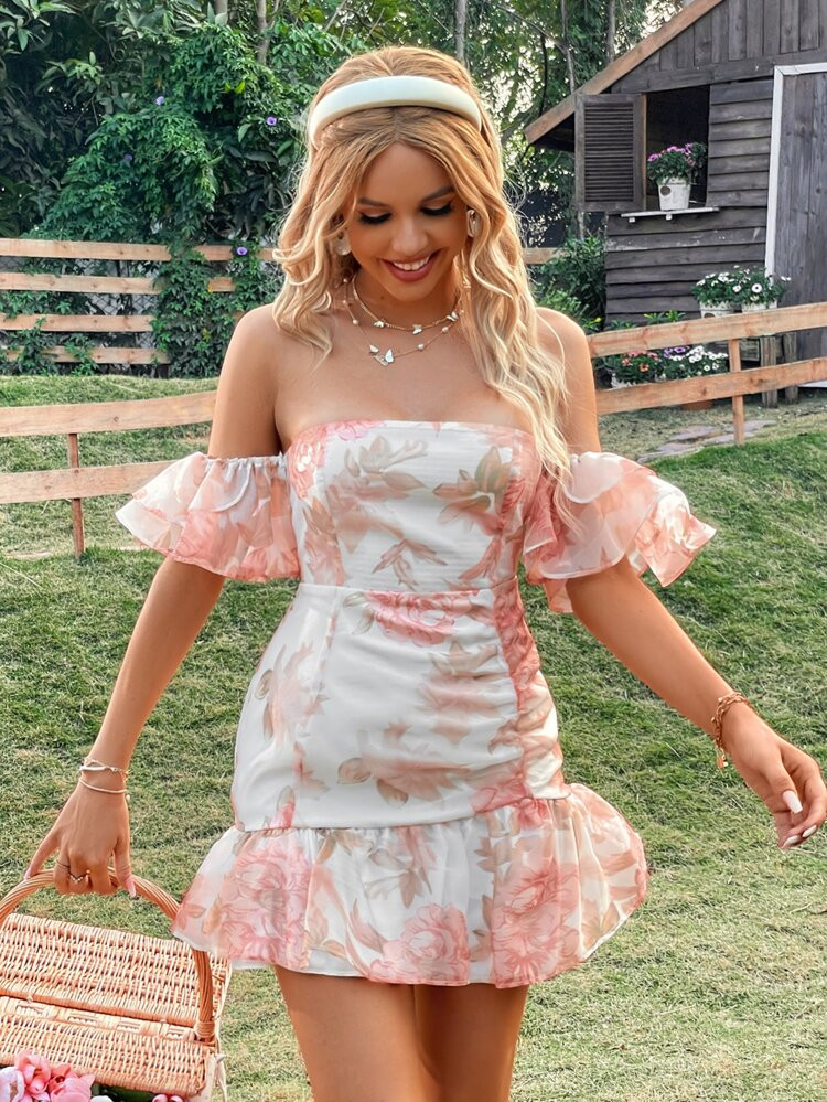 Random Floral Print Off Shoulder Ruffle Hem Organza Dress | SHEIN