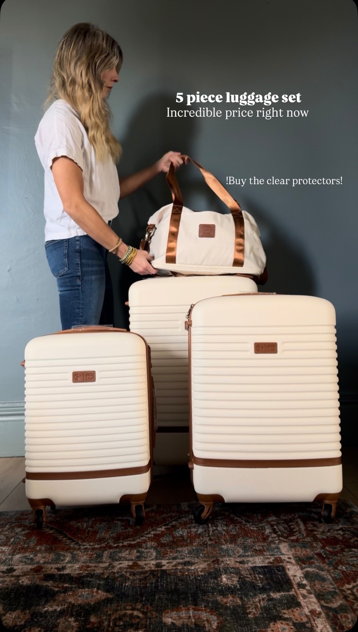 I was finally able to use these when we traveled for spring break. They are really nice and the sale price is incredible. Five piece set includes carry-on size overnight bag, and toiletries bag, I highly suggest getting the clear covers because after traveling, I saw how many scuffs would have been on the luggage they literally saved me. 

#LTKSaleAlert #LTKStyleTip #LTKHome