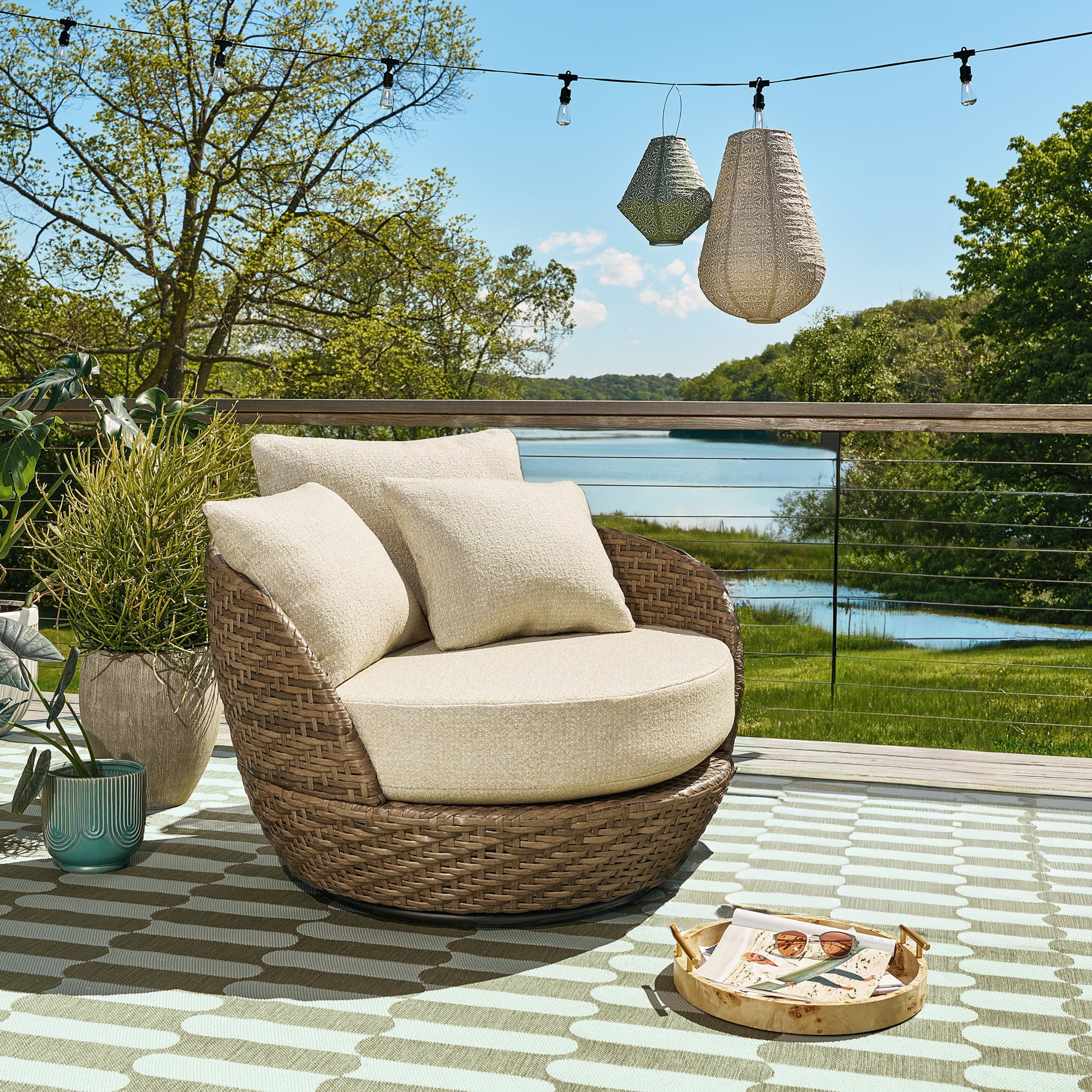 Beautiful Wicker Outdoor Swivel Statement Chair with Boucle Cushions & Cover by Drew Barrymore, B... | Walmart (CA)