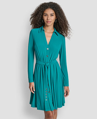 DKNY Women's Long Sleeve Collared Neck Godet Fit and Flare Dress - Macy's | Macy's