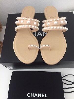 BNIB Auth Chanel Thongs Sandals Pearl Flip Flops Lambskin Beige Sz38.5  | eBay | eBay US