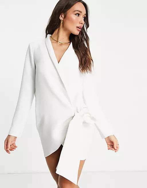 ASOS DESIGN side tie tux mini dress with cowl back detail in ivory | ASOS (Global)
