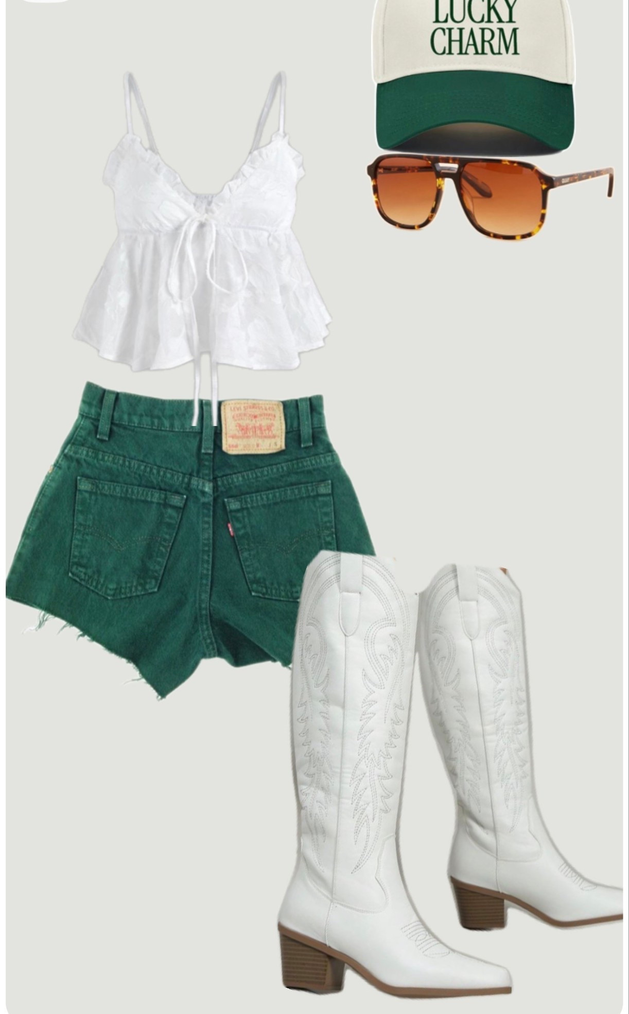 simple st patrick’s day outfit 
shorts - levi’s (sold out), have on depop
hat - etsy
boots - shein
top - shein

#LTKSeasonal #LTKootd #LTKgrwm