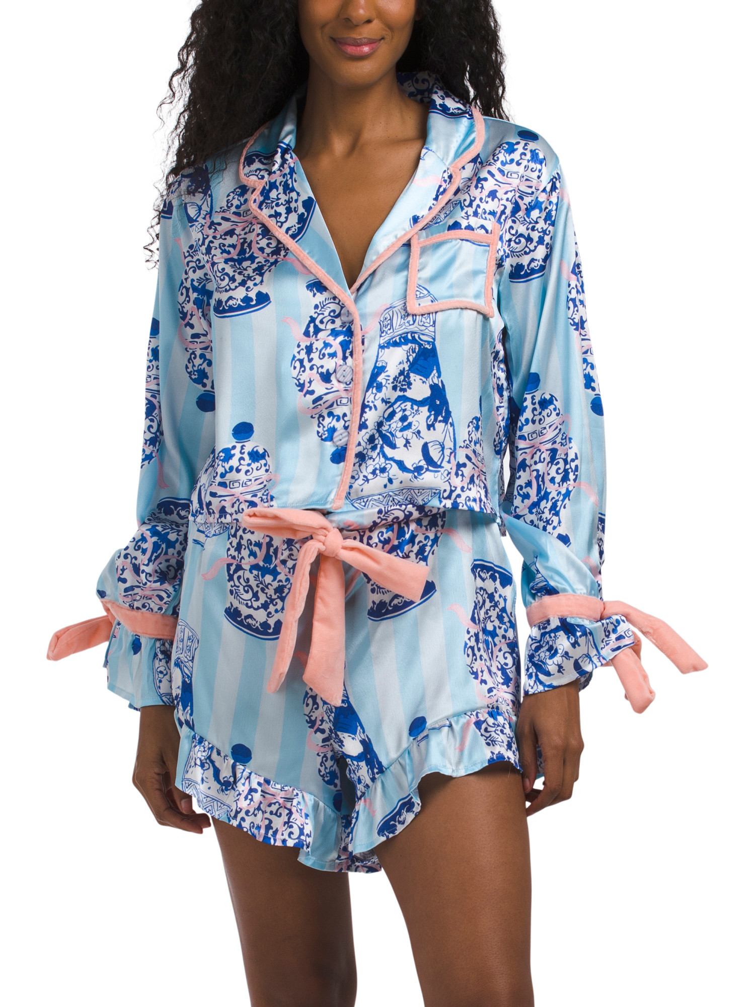 2pc Long Sleeve Satin Ruffle Ginger Jar Top And Shorts Pajama Set | TJ Maxx