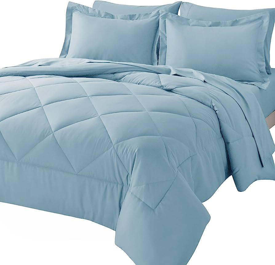 CozyLux King Bed in a Bag 7-Pieces Comforter Sets with Comforter and Sheets Light Blue All Season... | Amazon (US)