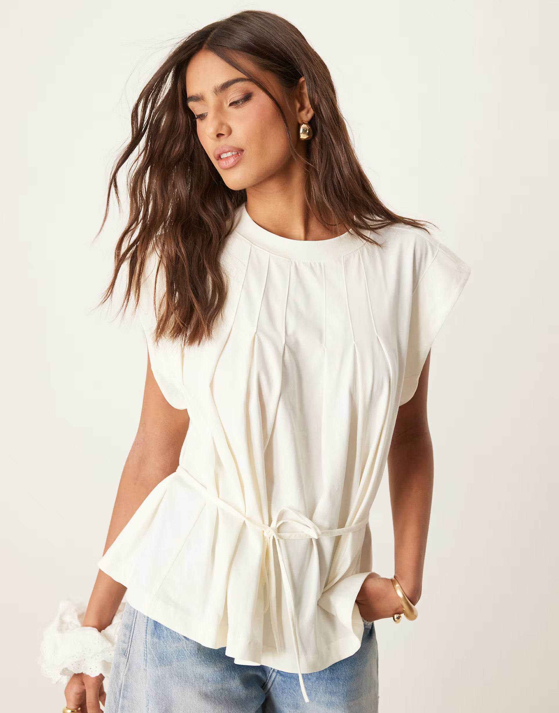 ASOS DESIGN trapeze t-shirt with tie waist in cream | ASOS | ASOS (Global)