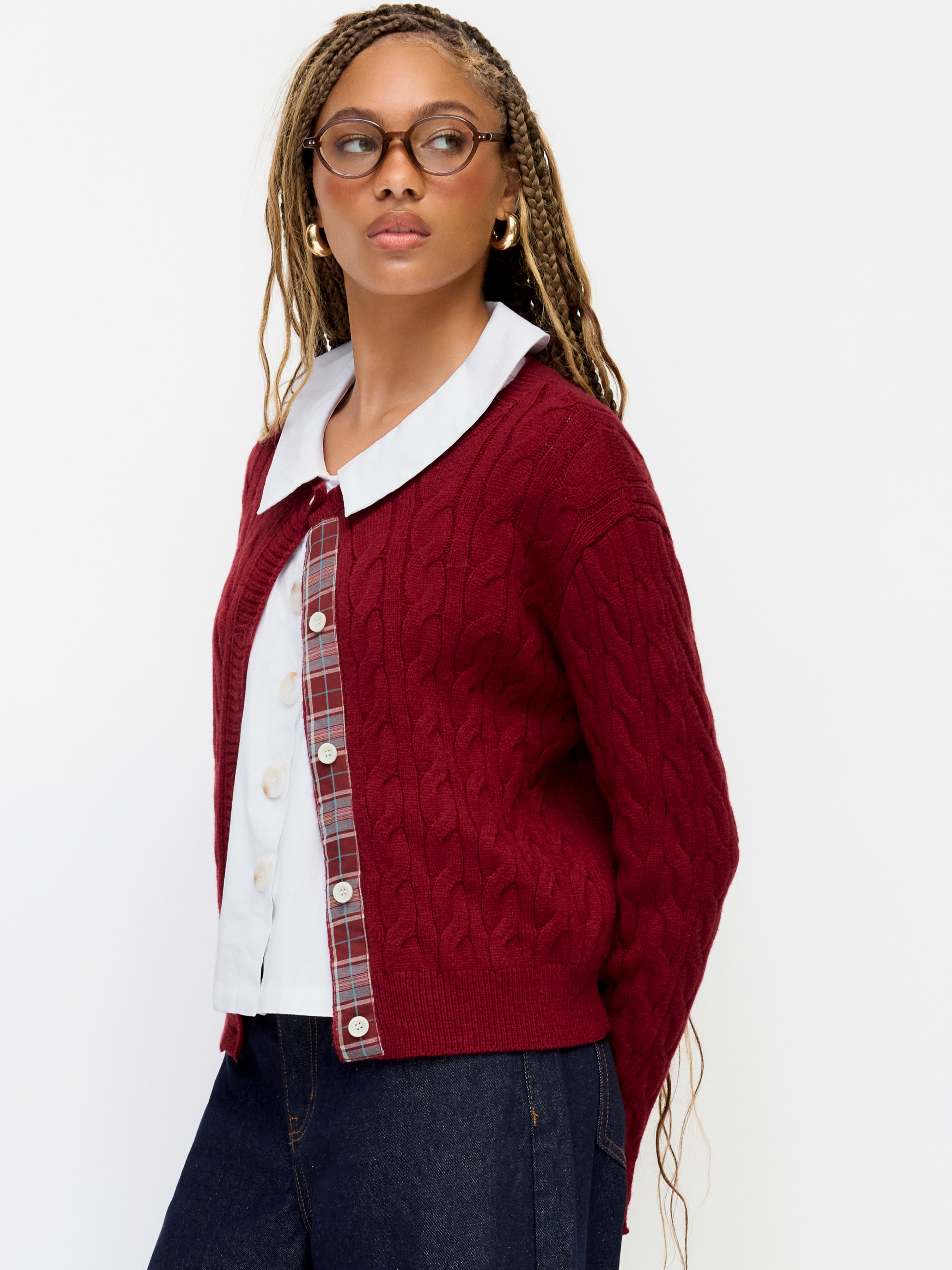 Fall Sweater Fall Sweater Knit Fabric Cable Knit Round Neckline Patched Tartan Button Cardigan Fo... | Cider