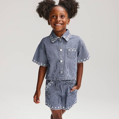 Baby Girls' Striped Denim Short Sleeve Top & Shorts Set 2pc - Cat & Jack™ Dark Wash 12M | Target