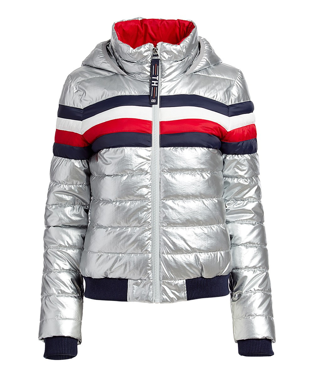 Tommy Hilfiger Women's Puffer Coats SIL - Silver Metallic Stripe-Accent Hooded Puffer Jacket - Women | Zulily